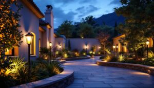 A photograph of a beautifully illuminated outdoor space featuring solar spotlights highlighting architectural features and landscaping