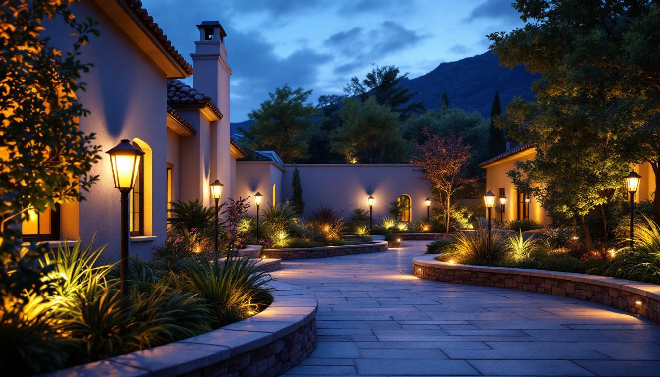 A photograph of a beautifully illuminated outdoor space featuring solar spotlights highlighting architectural features and landscaping