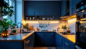 A photograph of a well-lit kitchen featuring sleek led under counter lighting strips