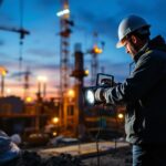 A photograph of a lighting contractor expertly installing bright flood lights at a construction site during dusk