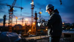 A photograph of a lighting contractor expertly installing bright flood lights at a construction site during dusk