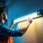 A photograph of a lighting contractor installing or adjusting a sleek