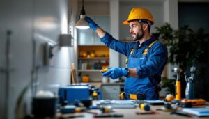 A photograph of a lighting contractor confidently installing leviton products in a well-lit residential space