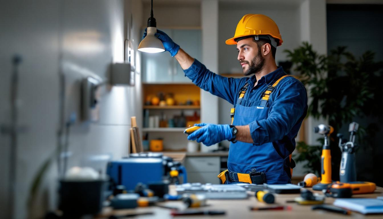 A photograph of a lighting contractor confidently installing leviton products in a well-lit residential space