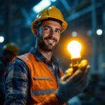 A photograph of a lighting contractor confidently showcasing a work light bulb in a well-lit construction site