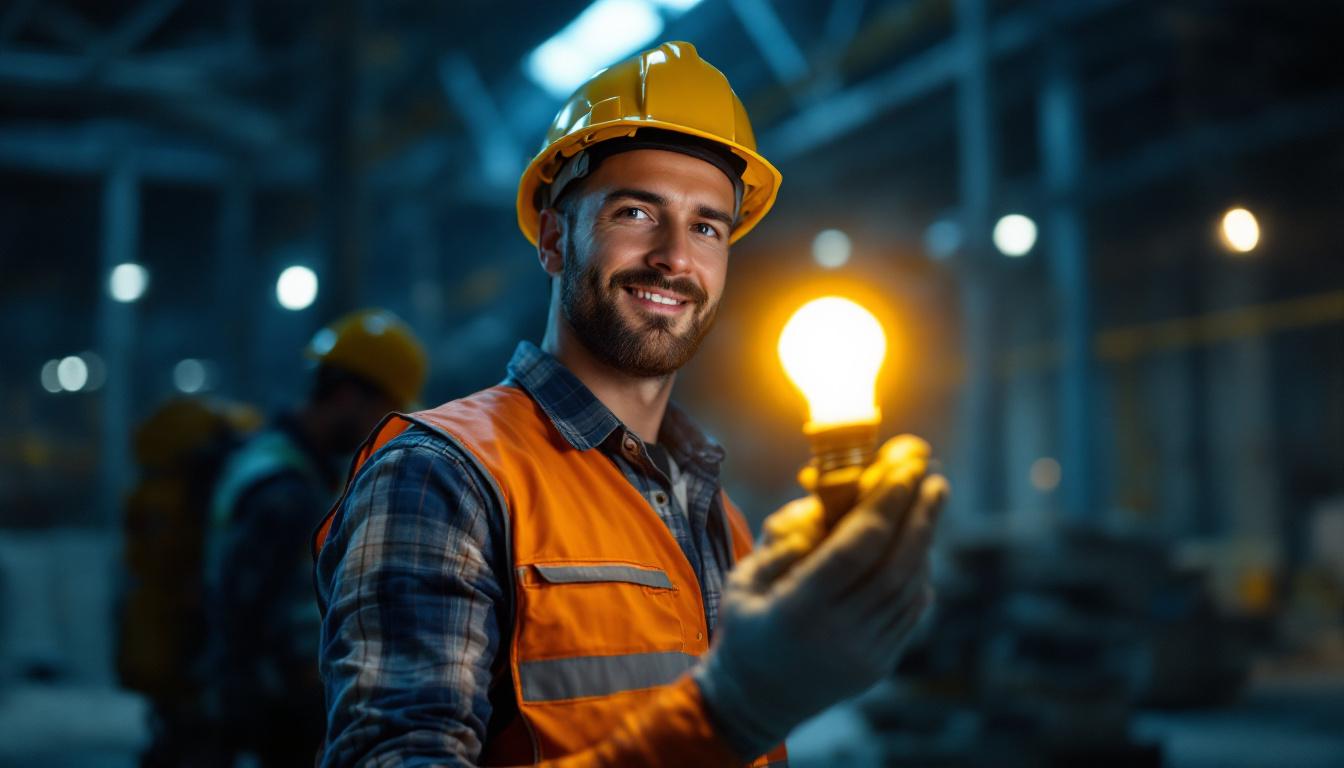 A photograph of a lighting contractor confidently showcasing a work light bulb in a well-lit construction site