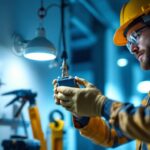 A photograph of a lighting contractor carefully replacing a battery in an emergency light fixture