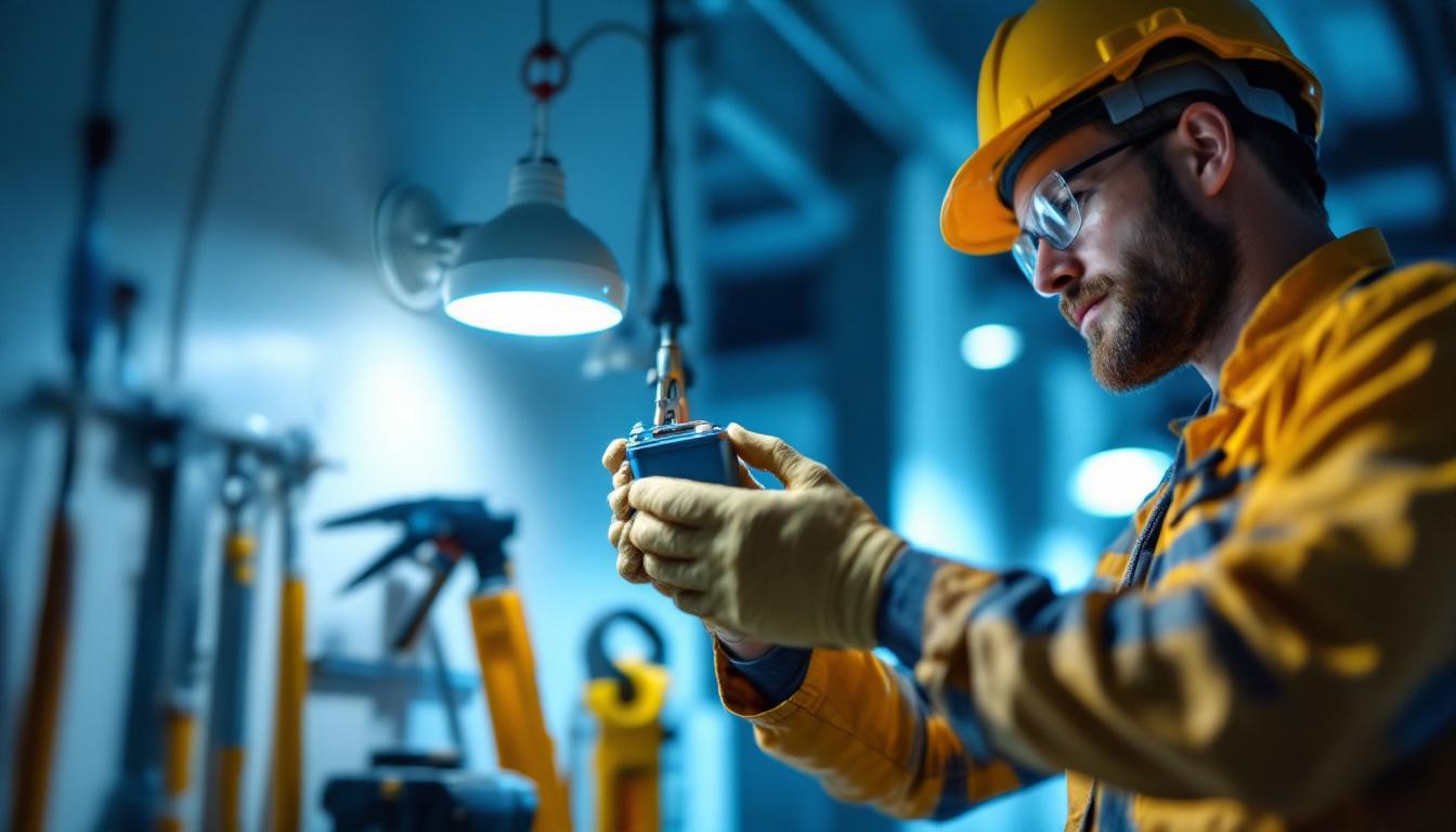 A photograph of a lighting contractor carefully replacing a battery in an emergency light fixture