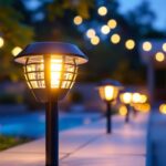 A photograph of a beautifully illuminated outdoor space featuring various solar light fixtures in use at dusk