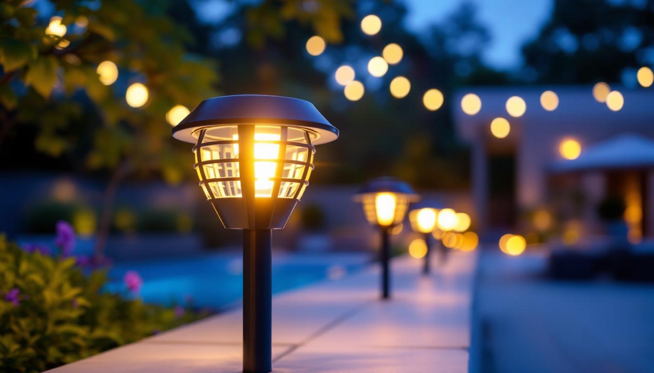A photograph of a beautifully illuminated outdoor space featuring various solar light fixtures in use at dusk