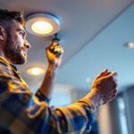 A photograph of a skilled lighting contractor installing recessed lighting eyeballs in a modern home setting