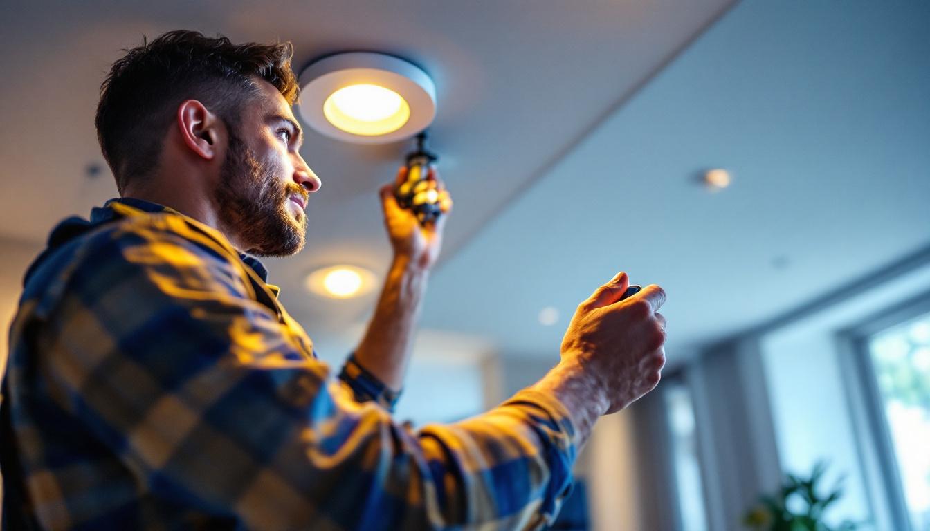 A photograph of a skilled lighting contractor installing recessed lighting eyeballs in a modern home setting