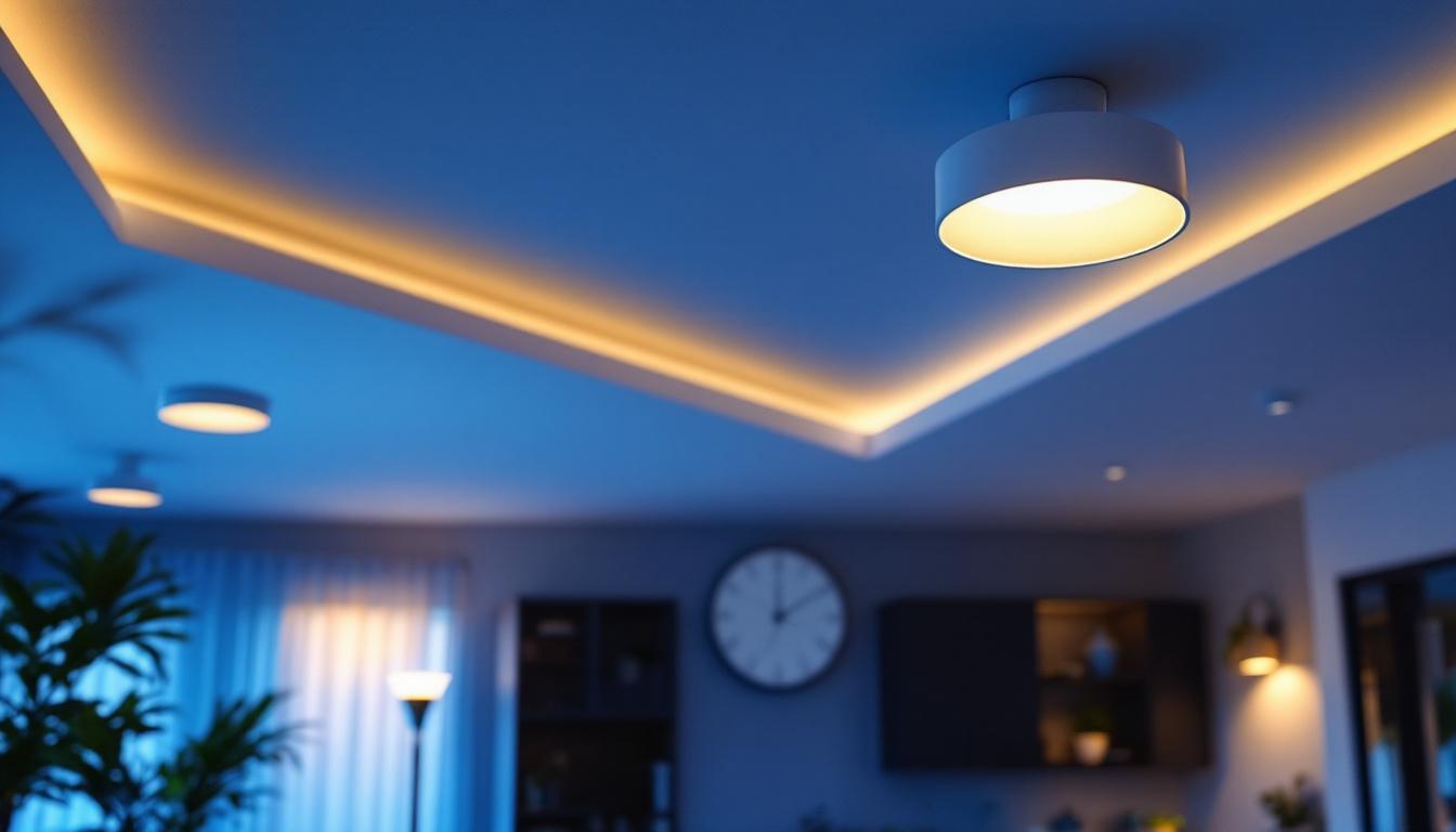 A photograph of a well-lit interior space featuring a variety of 3-inch led can lights installed in the ceiling