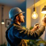 A photograph of a lighting contractor actively installing or adjusting modern lighting fixtures in a well-lit residential or commercial space