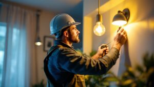 A photograph of a lighting contractor actively installing or adjusting modern lighting fixtures in a well-lit residential or commercial space