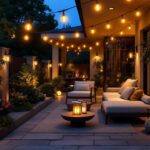 A photograph of a beautifully illuminated outdoor space featuring a variety of stylish outdoor lighting fixtures