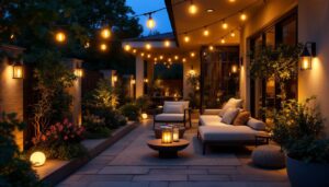 A photograph of a beautifully illuminated outdoor space featuring a variety of stylish outdoor lighting fixtures