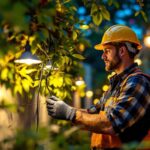 A photograph of a skilled lighting contractor working outdoors