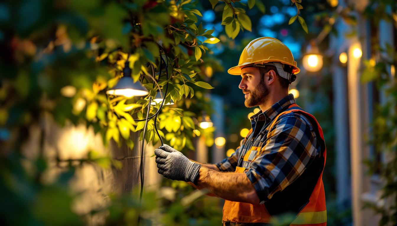 A photograph of a skilled lighting contractor working outdoors