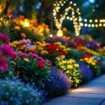 A photograph of a beautifully arranged outdoor scene featuring a vibrant display of flowers illuminated by strategically placed decorative lights