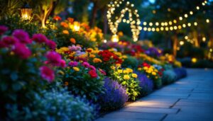 A photograph of a beautifully arranged outdoor scene featuring a vibrant display of flowers illuminated by strategically placed decorative lights