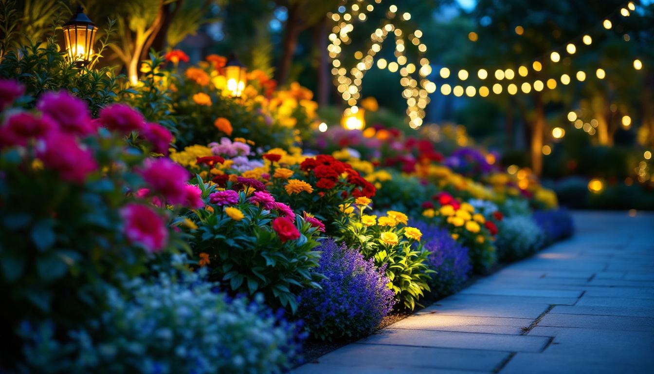 A photograph of a beautifully arranged outdoor scene featuring a vibrant display of flowers illuminated by strategically placed decorative lights