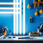 A photograph of a well-organized workspace featuring various standard fluorescent tube lengths alongside essential lighting tools