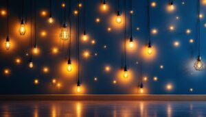 A photograph of a beautifully designed wall adorned with an array of decorative lights in various styles and colors