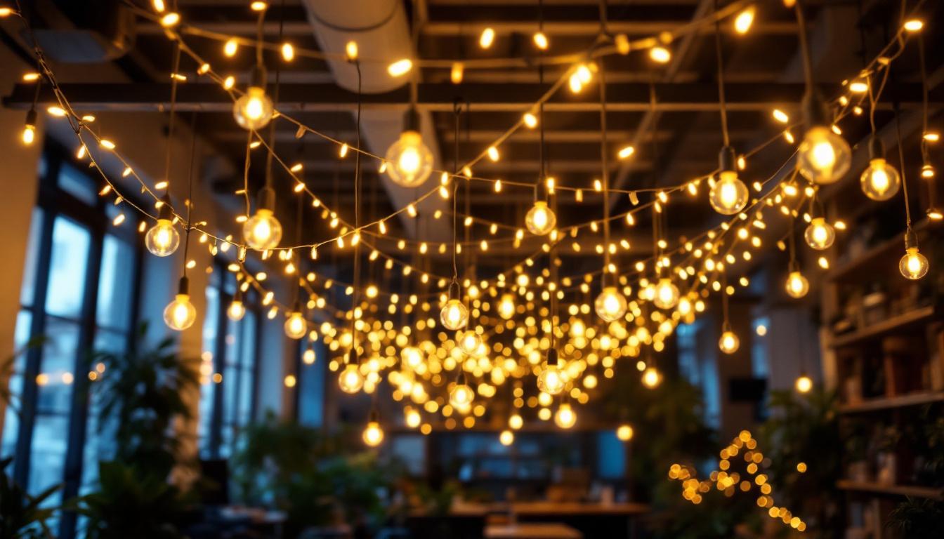 A photograph of a beautifully arranged ceiling light string installation in a modern workspace