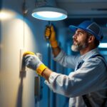 A photograph of a lighting contractor efficiently installing energy-saving led fixtures in a modern medical office
