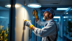 A photograph of a lighting contractor efficiently installing energy-saving led fixtures in a modern medical office