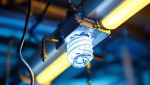 A photograph of a close-up of a fluorescent bulb socket being installed or connected