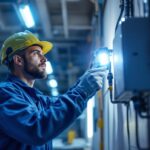 A photograph of a lighting contractor installing or inspecting emergency lighting systems in a commercial setting