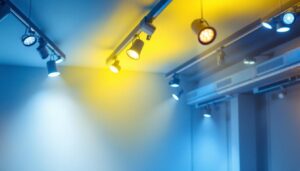 A photograph of a well-lit indoor space featuring 8-foot track lighting installations