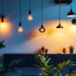 A photograph of a modern office space featuring a variety of stylish light fixtures