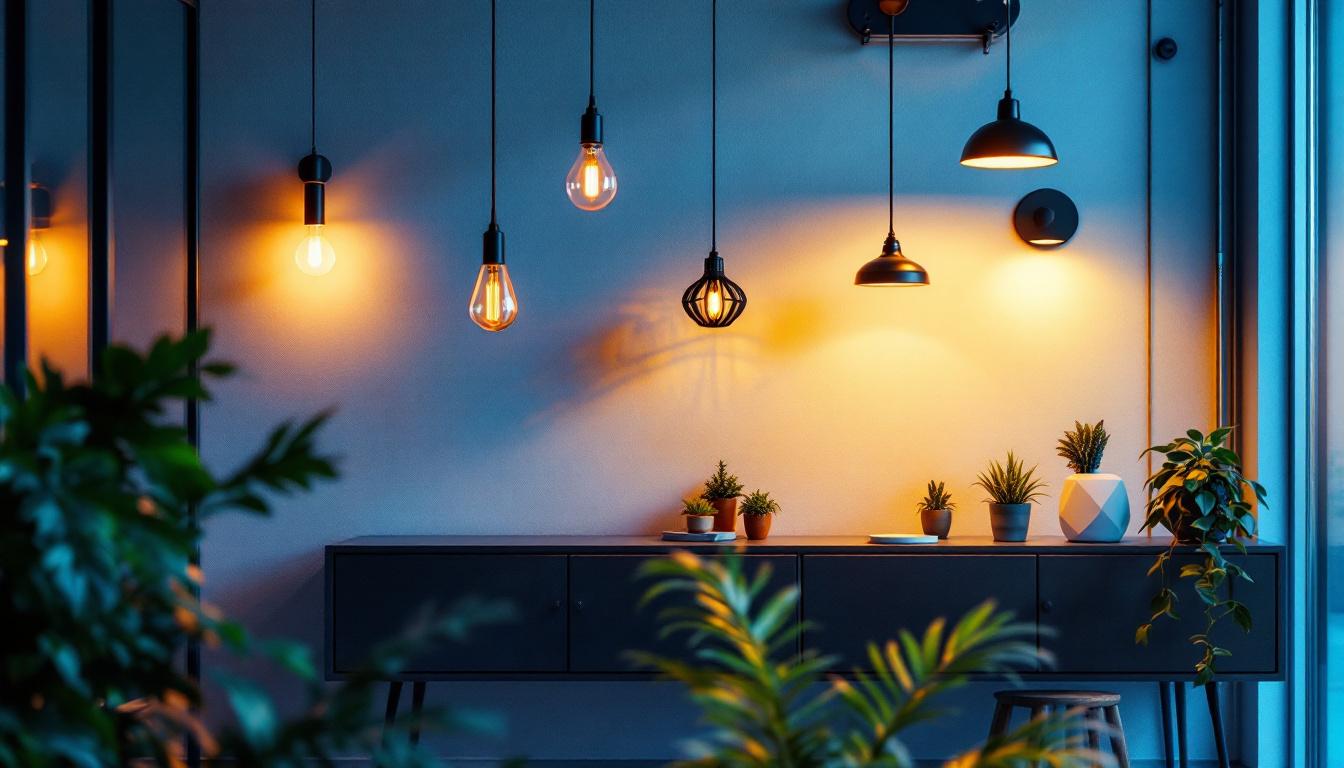 A photograph of a modern office space featuring a variety of stylish light fixtures