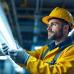 A photograph of a lighting contractor installing or examining t8 fluorescent tubes in a commercial or industrial setting