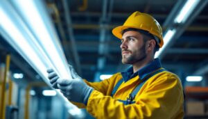 A photograph of a lighting contractor installing or examining t8 fluorescent tubes in a commercial or industrial setting