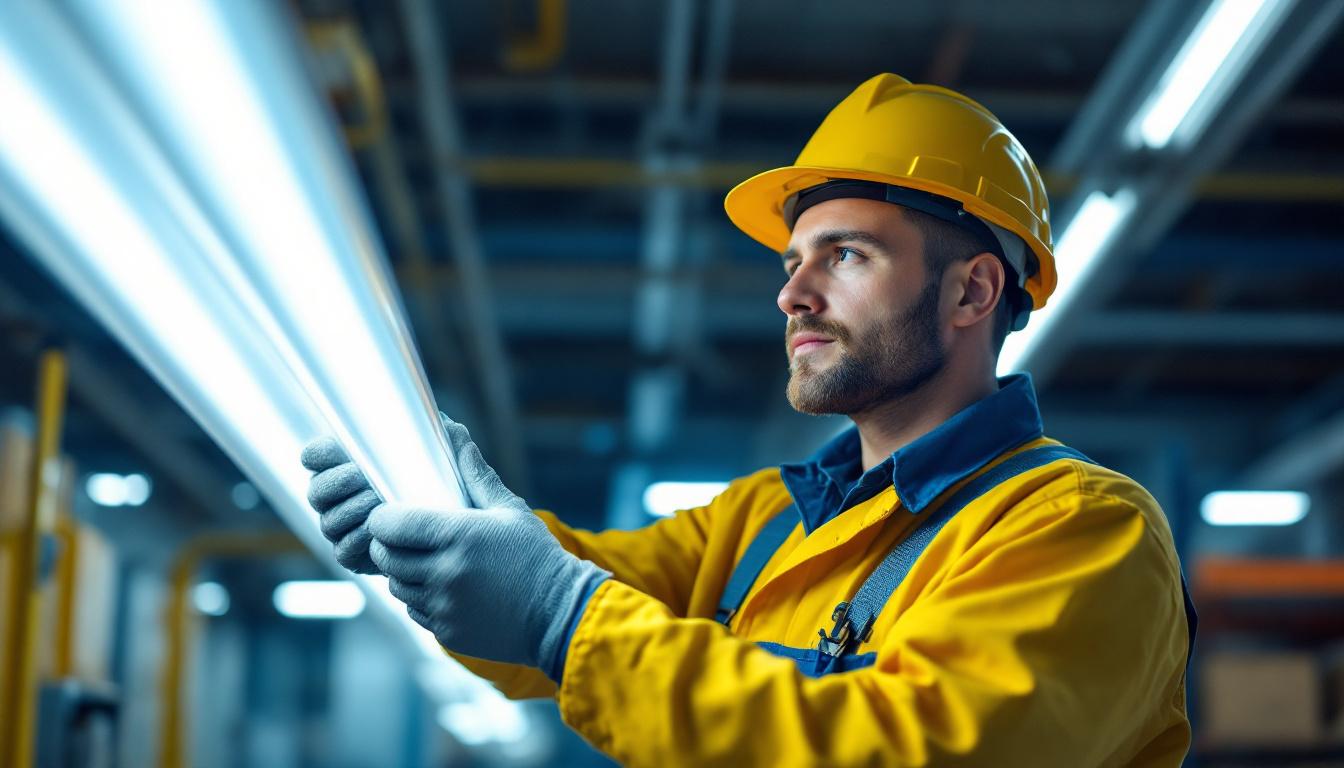 A photograph of a lighting contractor installing or examining t8 fluorescent tubes in a commercial or industrial setting