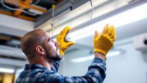 A photograph of a lighting contractor skillfully converting a fluorescent light fixture to led