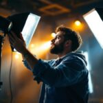 A photograph of a skilled lighting contractor adjusting a sophisticated lighting setup in a beautifully lit interior space