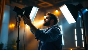 A photograph of a skilled lighting contractor adjusting a sophisticated lighting setup in a beautifully lit interior space
