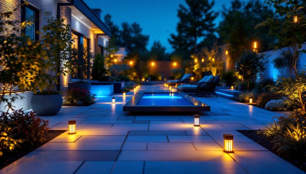 A photograph of a beautifully illuminated outdoor space featuring modern led lights