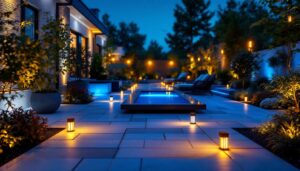 A photograph of a beautifully illuminated outdoor space featuring modern led lights