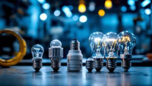 A photograph of a close-up of various standard bulb socket types displayed alongside light bulbs in a well-lit workshop setting