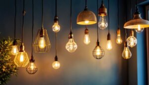 A photograph of a beautifully arranged display of various hanging light fixtures in a stylish home setting
