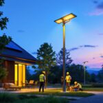 A photograph of a solar panel light pole installed in an outdoor setting