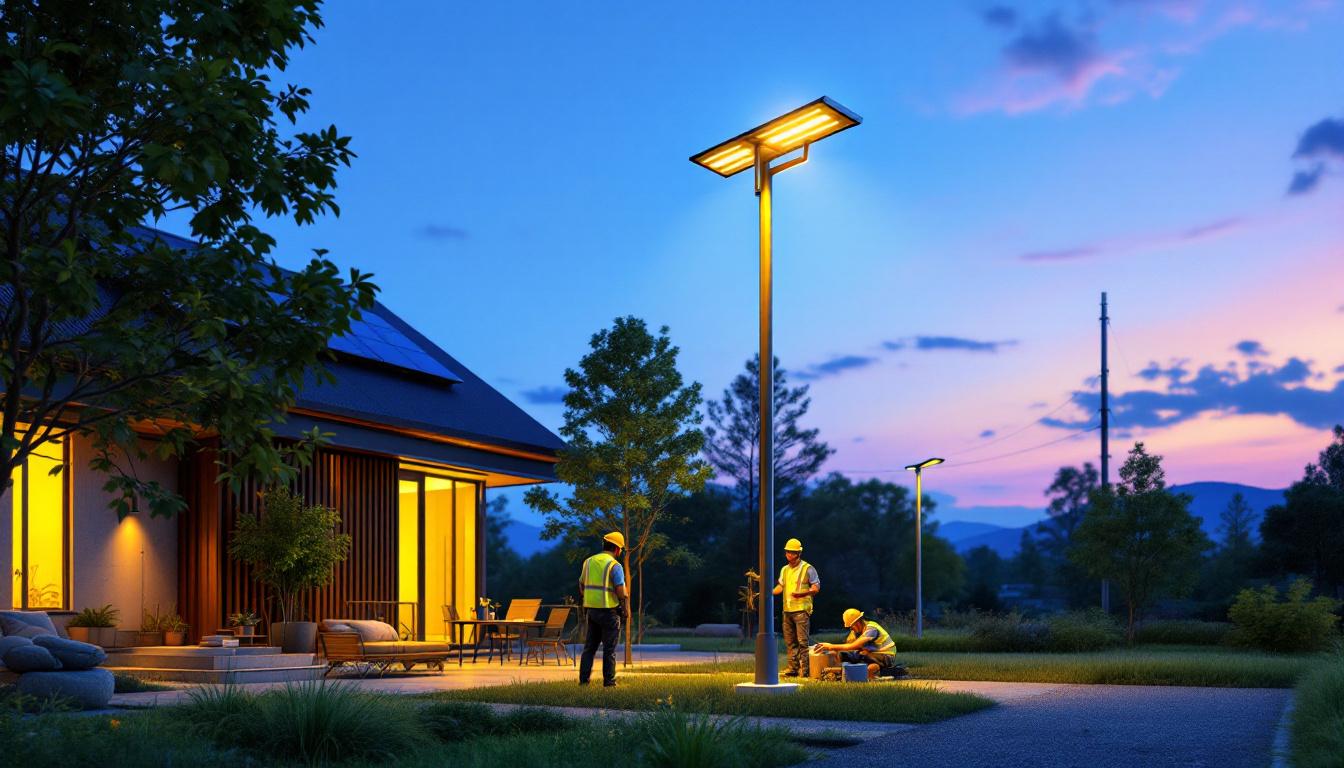 A photograph of a solar panel light pole installed in an outdoor setting
