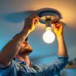A photograph of a lighting contractor skillfully installing a stylish yet simple ceiling light fixture in a modern home setting