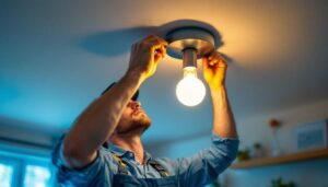 A photograph of a lighting contractor skillfully installing a stylish yet simple ceiling light fixture in a modern home setting